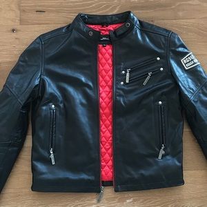 Black Leather Jacket with Red Quilted Lining - Style